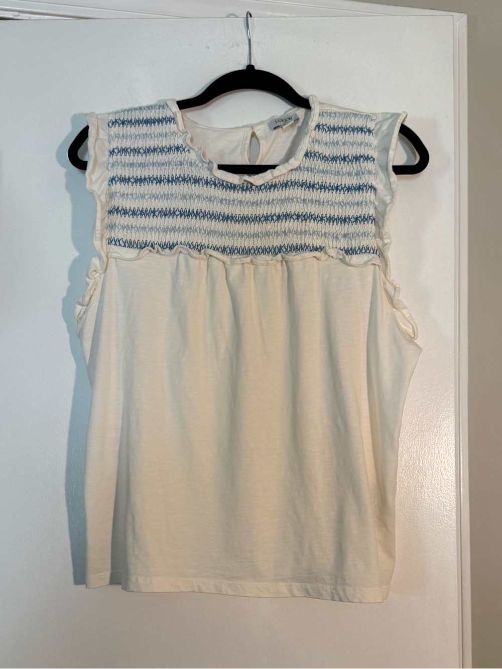 Cream Sleeveless Top with Blue Smocked Yoke ruffle edges 100% cotton summer look
